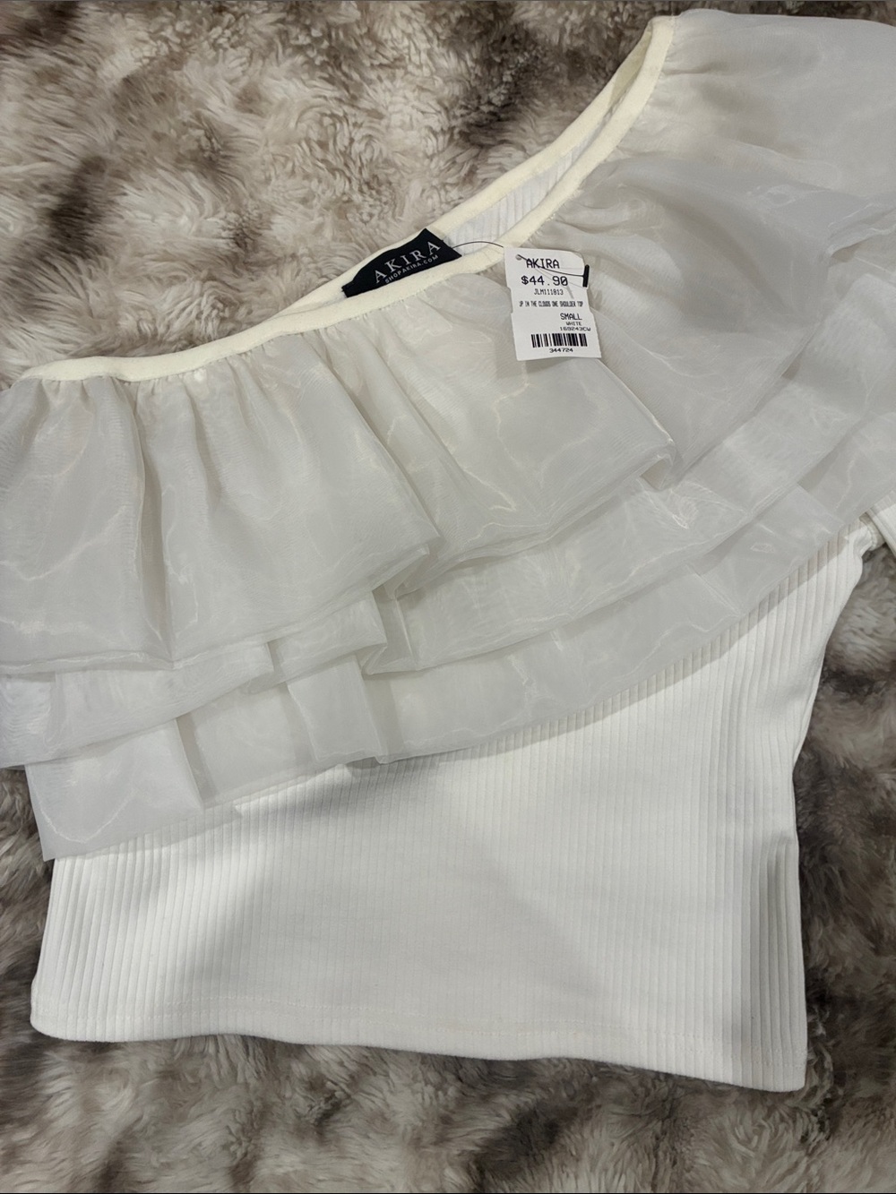 AKIRA White One-Shoulder Ruffle Ribbed Crop Top - Picture 4 of 6
